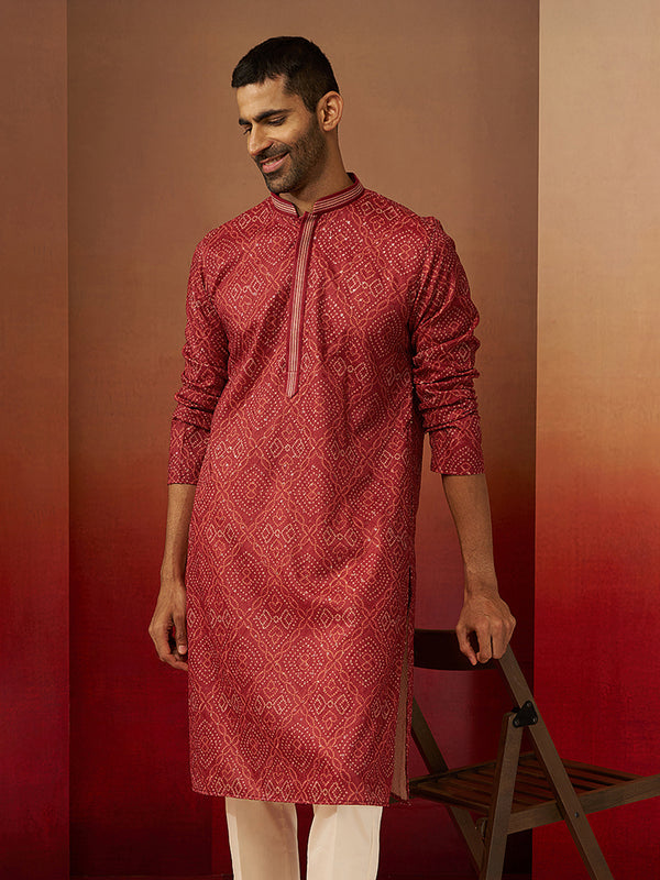 Men Rust Cotton Bandhani Embroidered Kurta